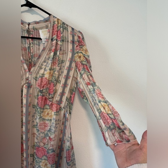 Anna Sui Whisper Rose Floral Striped Asymmetrical Puff Sleeves Cream Dress 6 - Picture 6 of 16